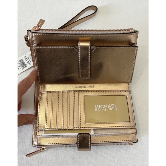 New Michael Kors Jet Set Travel Double Zip Wallet PVC Rose Gold - Picture 4 of 6